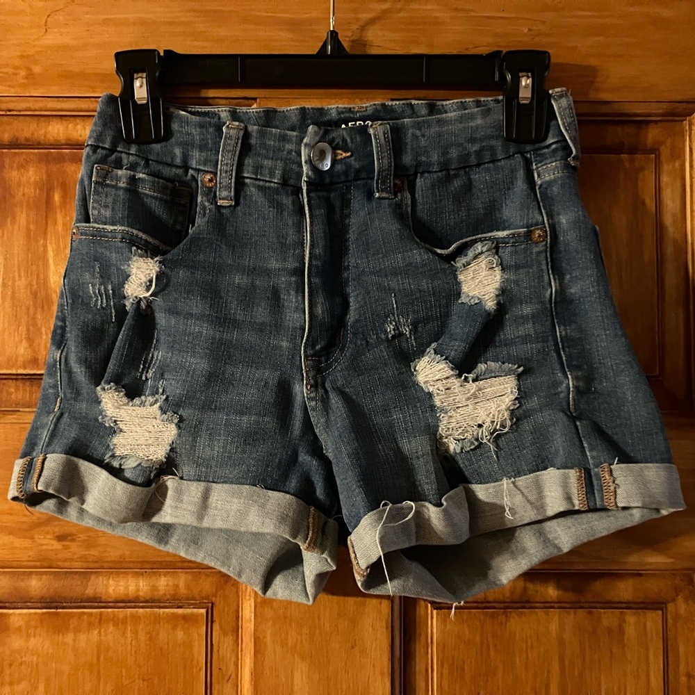 Aeropostale Distressed Denim High Rise Curvy Midi Jean Shorts